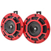 A pair of red electric air horn kits with black components and mounting brackets.