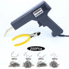A black plastic welding gun and pliers with hot staples shown next to various quantities of metal wire.