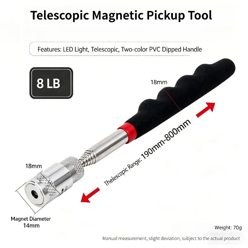 A telescopic magnetic pickup tool with a black handle and silver tip, showing its dimensions and features.