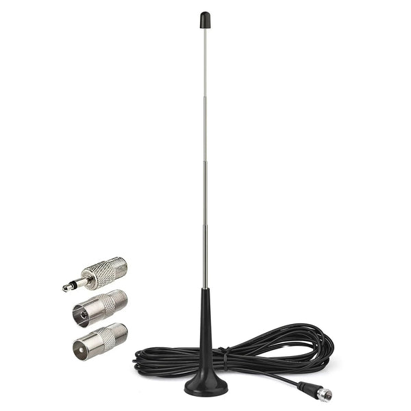 A black high-gain FM/VHF radio antenna with an F-type connector and a long cable.