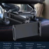 A black push-type telescoping mount for a phone or tablet attached to a car headrest.