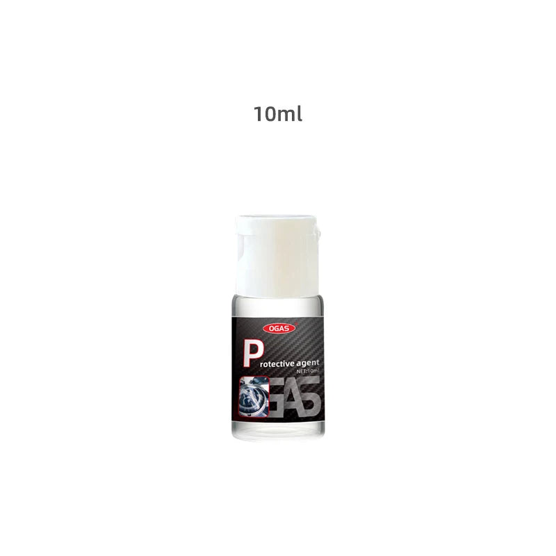 A small glass bottle of headlight restoration agent labeled OGAS with a white cap and a 10ml volume mark.