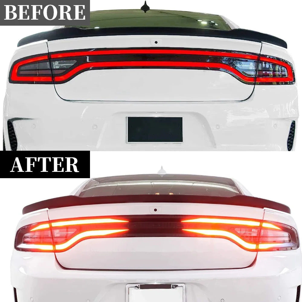 Before and after comparison of a black tail light decal set installation on a white Dodge Charger.
