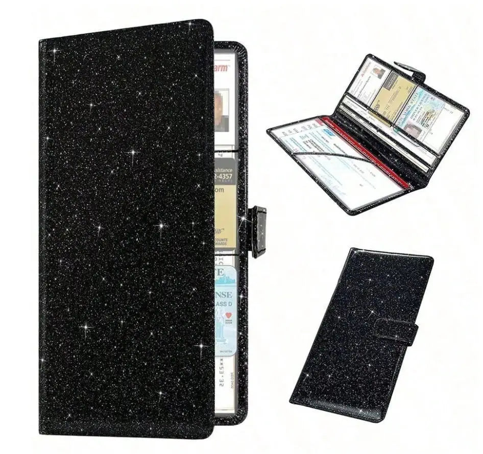 A black leather document holder with a magnetic closure and an open version showing car registration and insurance documents.