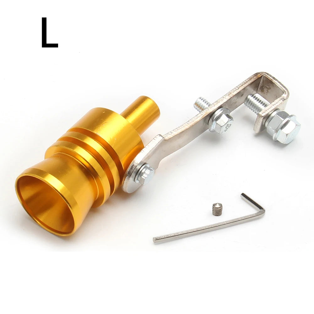 A brass-colored universal turbo exhaust whistle with a metal mounting bracket and a small metal piece.