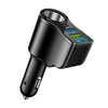 A black 4-in-1 car charger adapter with dual USB fast charging ports and a digital display.