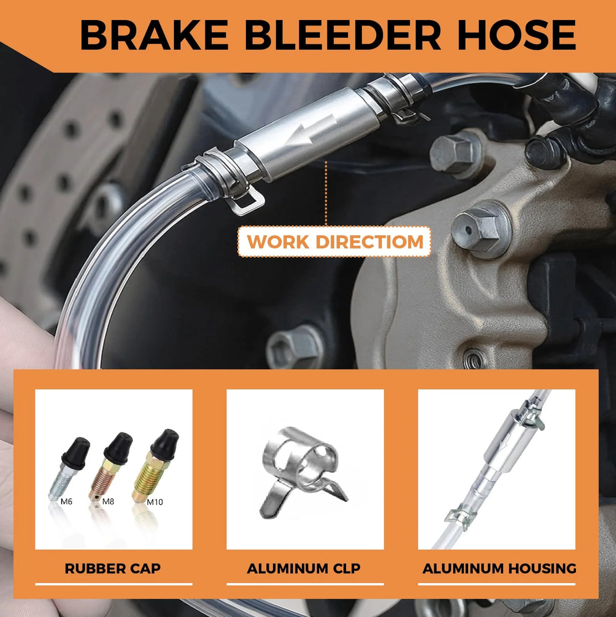 A brake bleeder hose kit showing a silicone hose, rubber cap, aluminum clip, and aluminum housing for fluid bleeding.