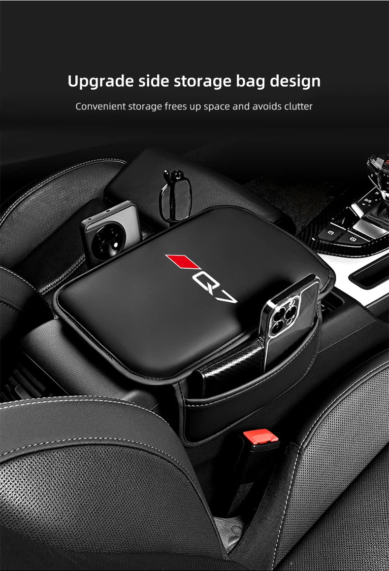 Black leather car armrest protector mat with storage pockets shown in a car interior.
