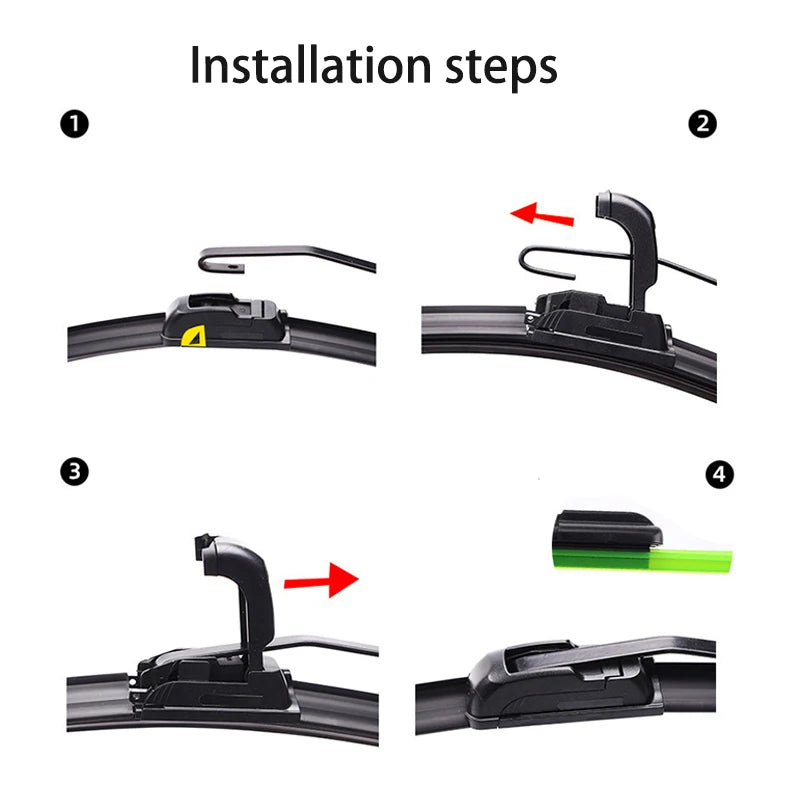 Installation steps showing the assembly of universal car wiper blades.