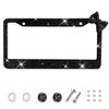 Black glitter license plate frame with a bow accent and separate mounting hardware.