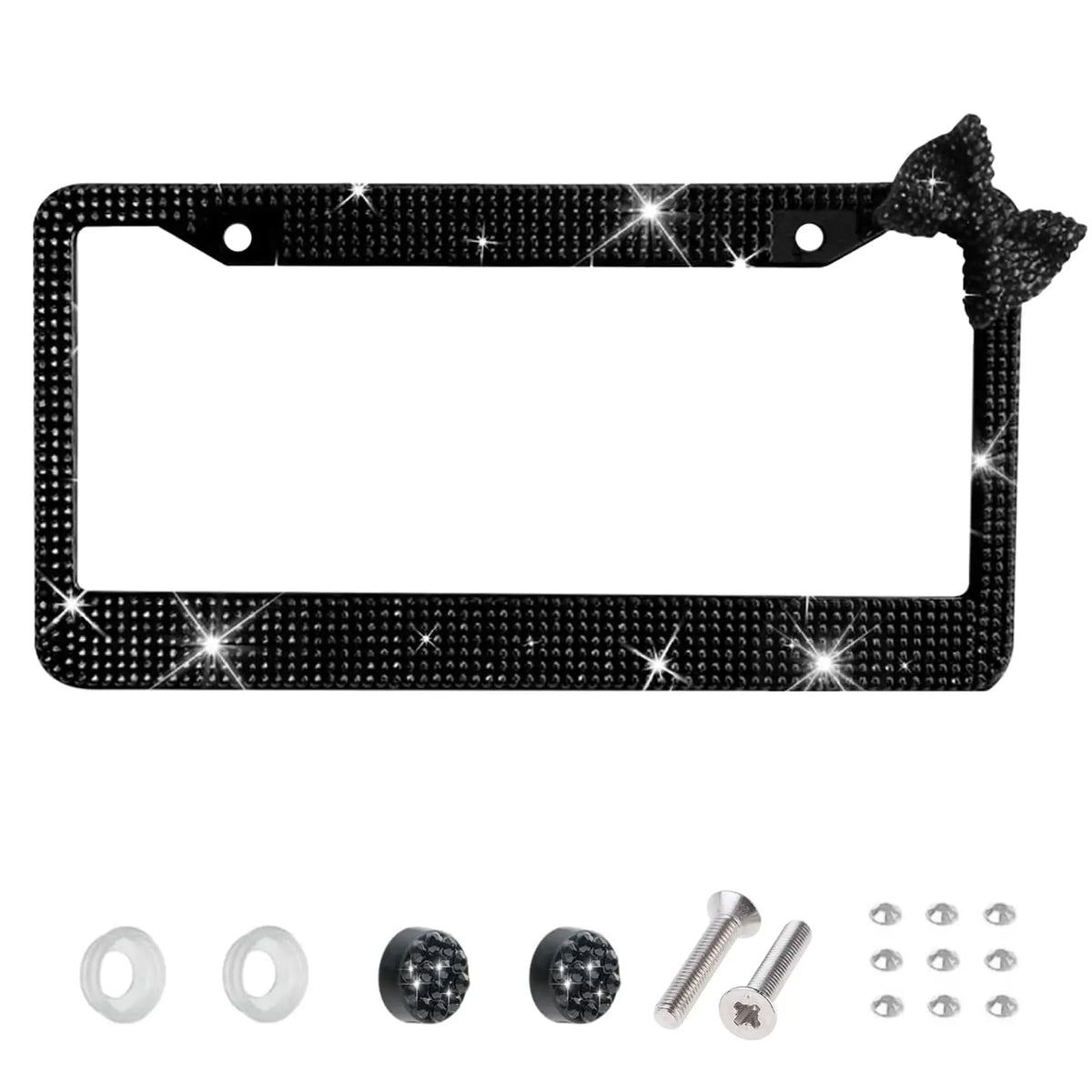 Black glitter license plate frame with a bow accent and separate mounting hardware.
