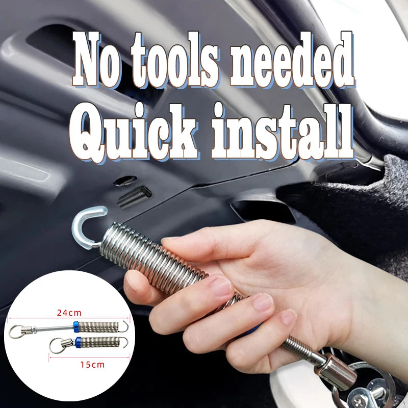 A hand is installing an automatic car trunk lid lifter spring into a vehicle, demonstrating a quick install method.