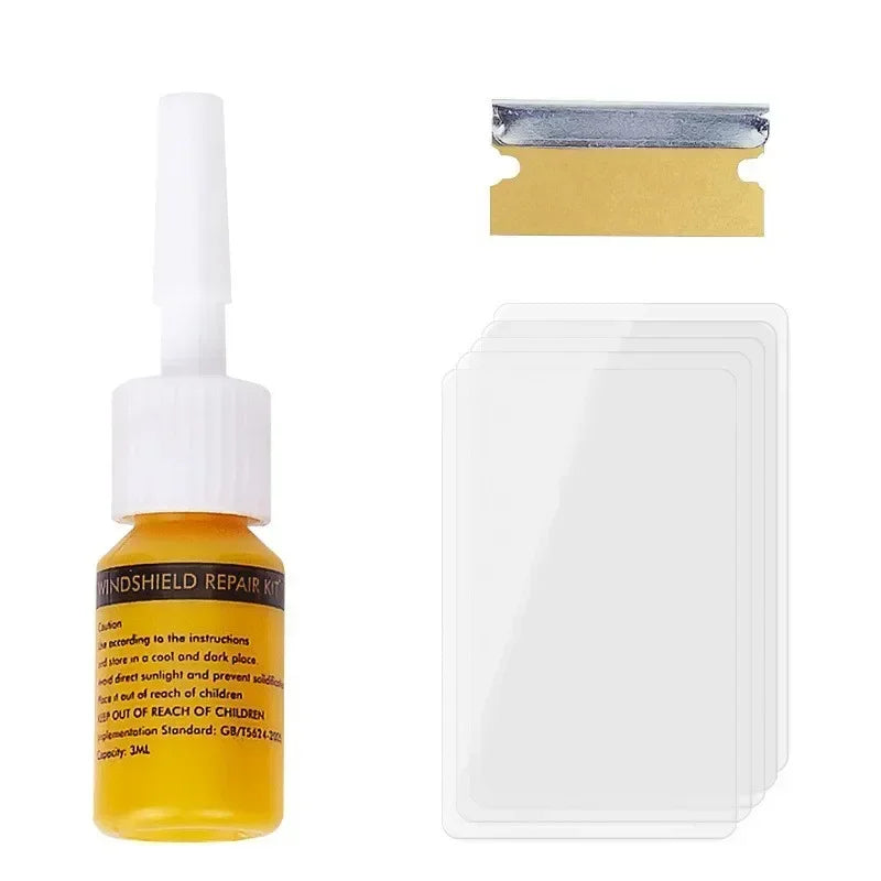 A bottle of windshield repair resin kit next to a yellow adhesive strip and a clear plastic sheet.
