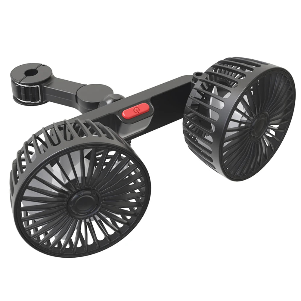 A black 360 degree adjustable car cooling fan with two rotating blades.