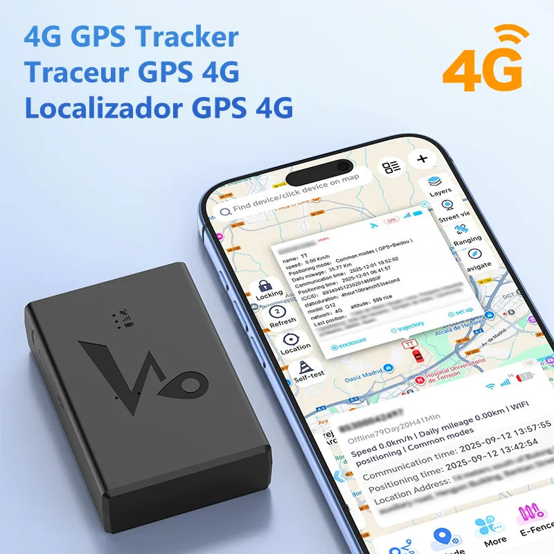 Un traceur GPS noir 4G est montré à côté d'un smartphone affichant sa localisation et ses informations de suivi sur une carte