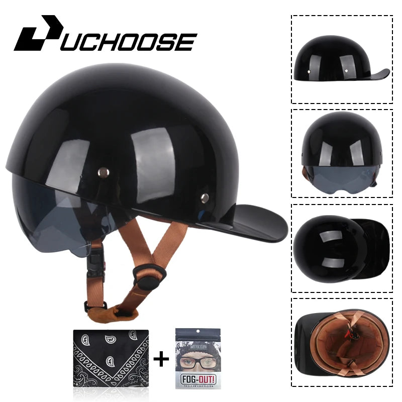 Black vintage open-face motorcycle helmet with visor and strap, shown with accessories.