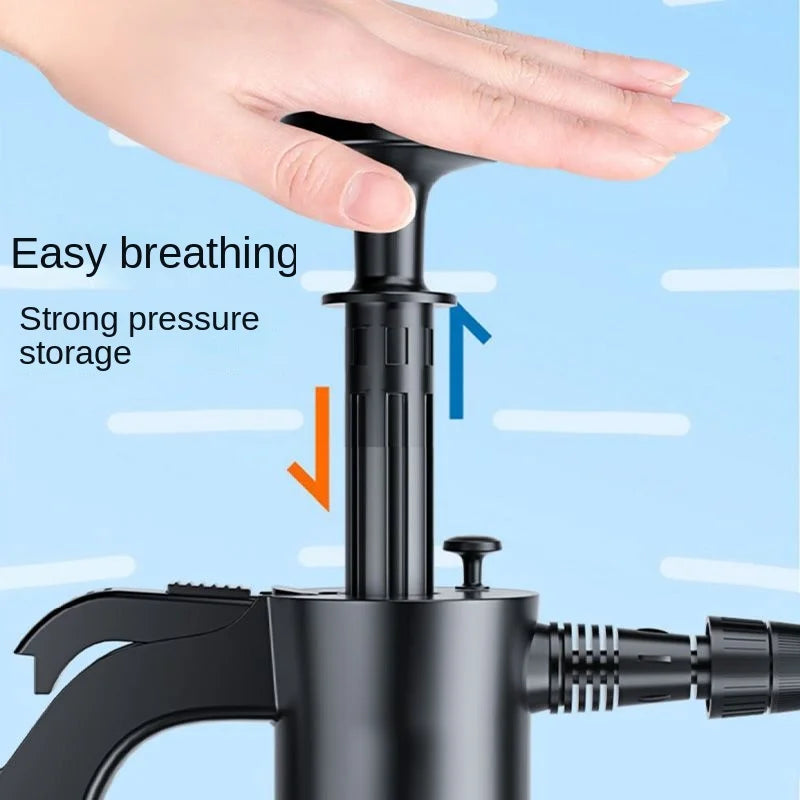 A hand is shown operating a black heavy-duty hand pump foam sprayer for cleaning.