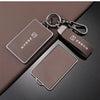 Support de protection NFC argenté avec chaîne métallique posé sur une surface brun foncé.