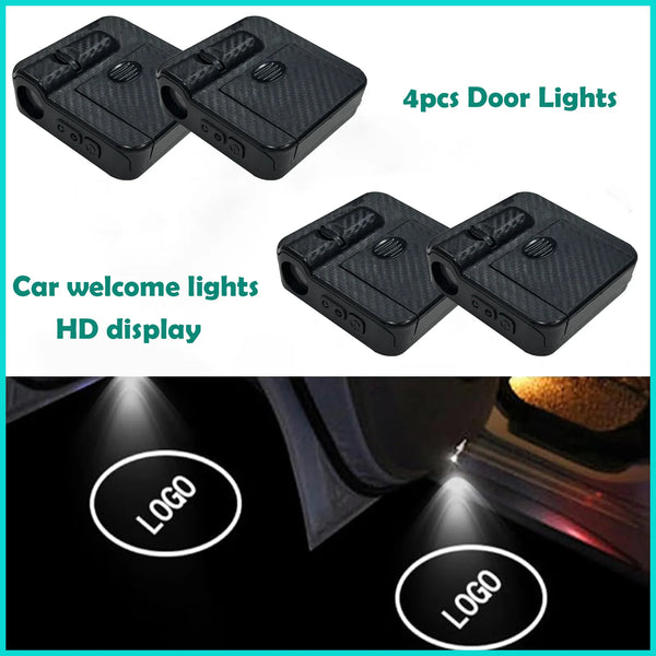 Four black wireless car door lights with an HD display illuminating the exterior.
