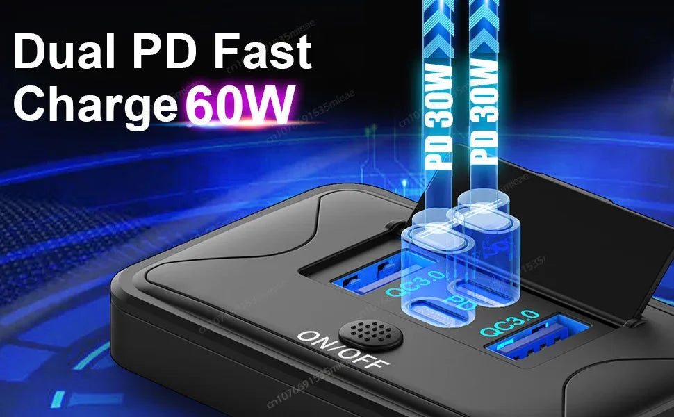 A black dual PD fast charger with 60W output and a voltmeter is shown on a surface.