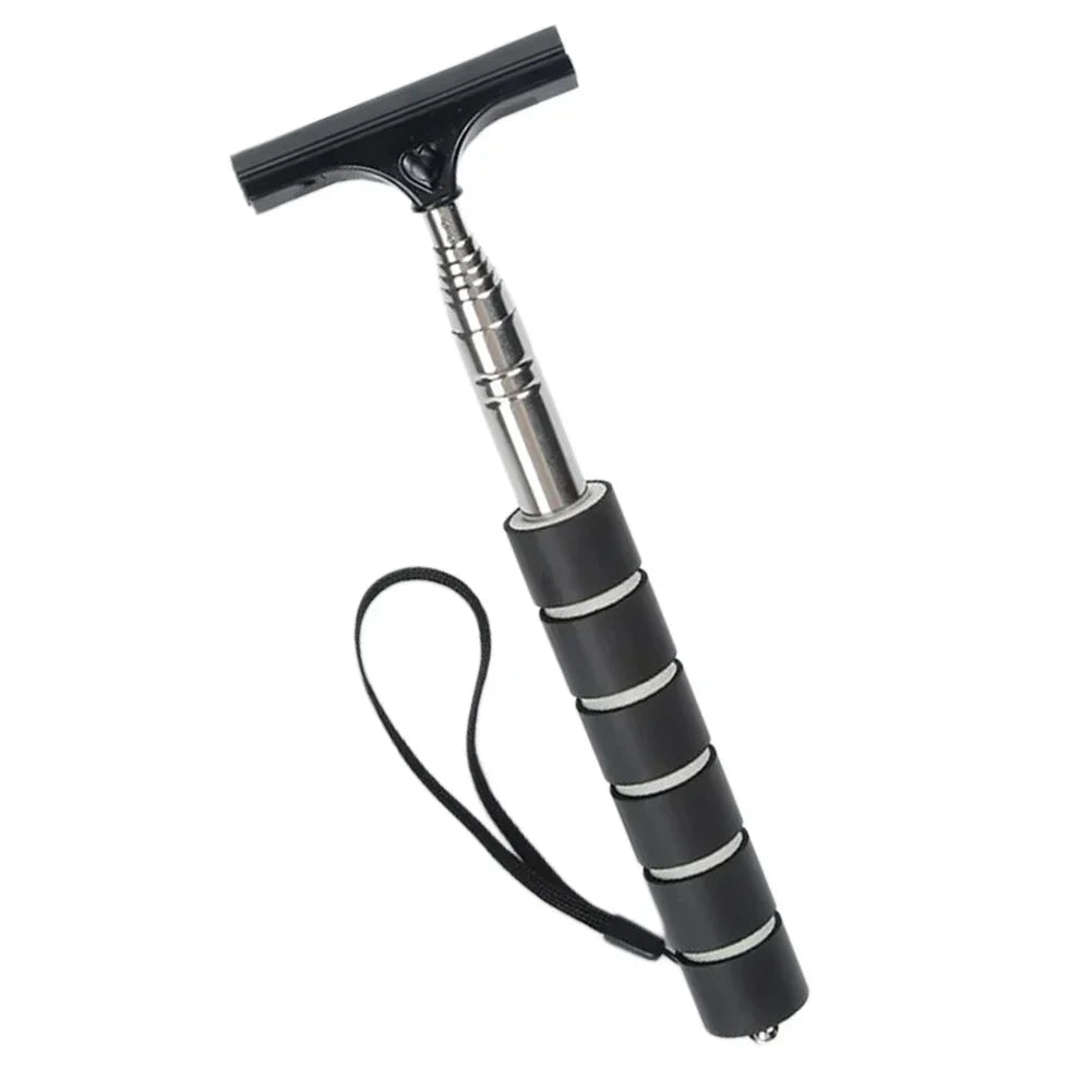 A black telescopic window squeegee with a silver handle and black rubber blade.