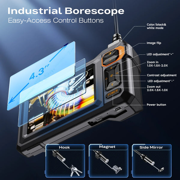 Industrial borescope camera with easy-access control buttons and accessories like a hook, magnet, and side mirror