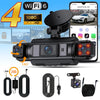 A black 1080P WiFi dash cam is shown with various accessories including power cables and a mounting bracket.