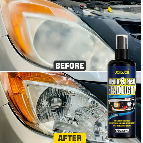 Before and after comparison of a car headlight restoration product applied to an automotive headlight.