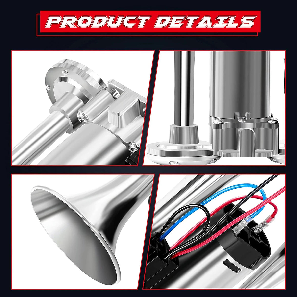 Close-up view of a silver dual trumpet car horn with mounting hardware and electrical wiring.