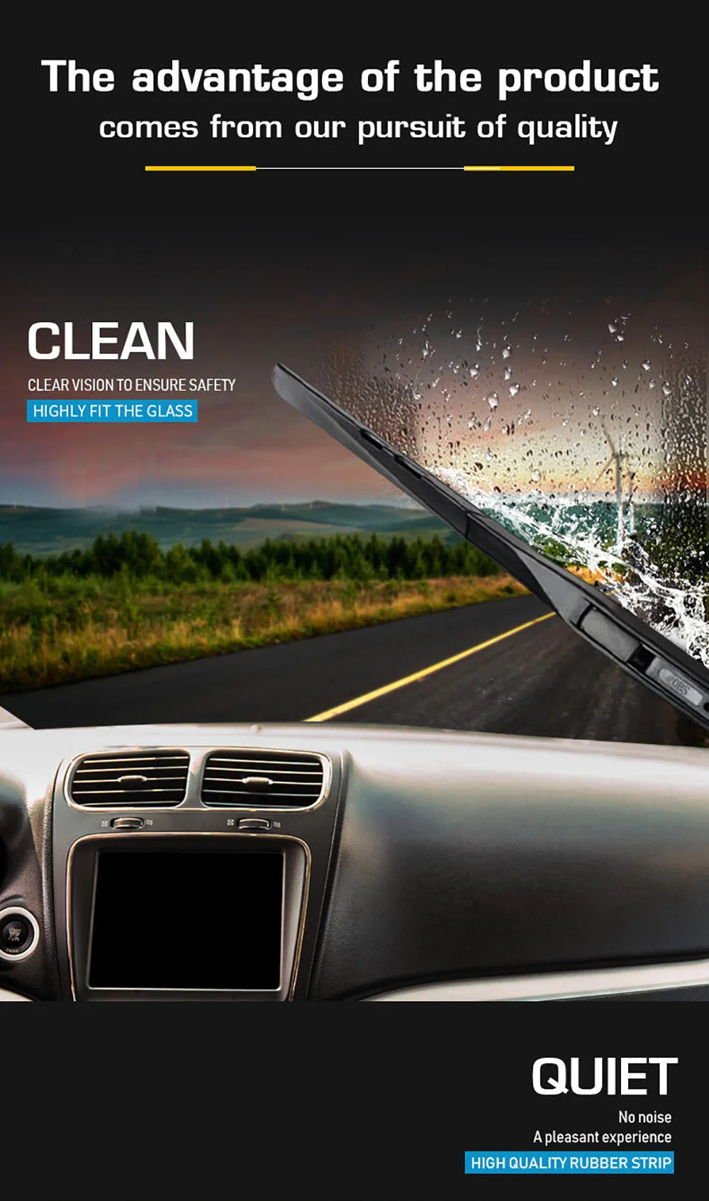 Close-up of a car windshield wiper blade and rubber strip demonstrating clean and quiet performance.