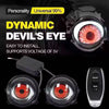 A dynamic devil's eye LED car light with a remote control and lens shown against a black background.