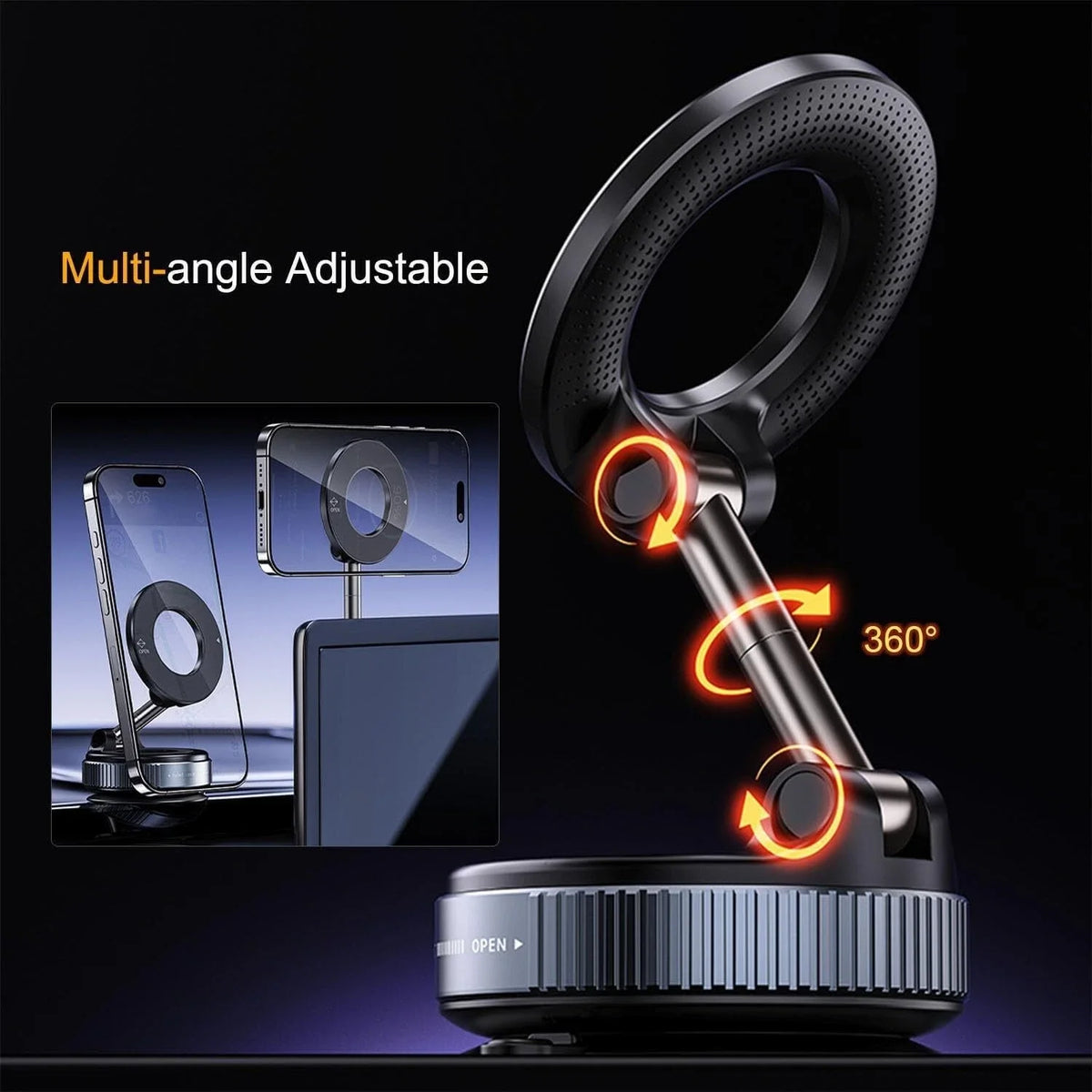 A black multi-angle adjustable 360 degree rotating magnetic phone mount shown with various phone orientations.