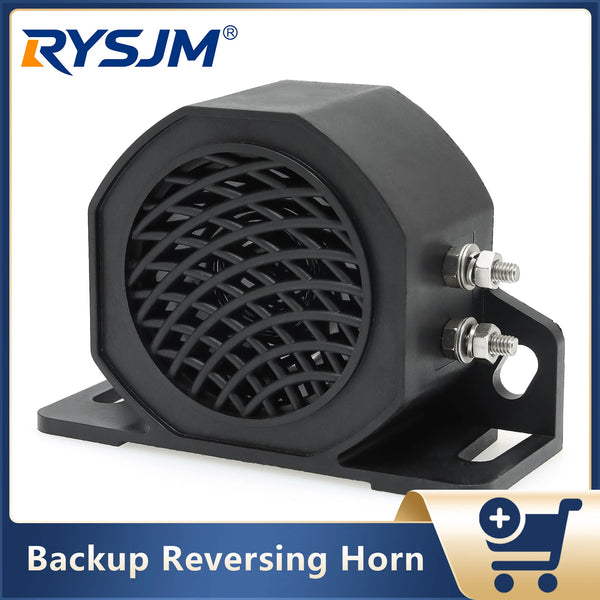 Black backup reversing horn with a circular grille and mounting brackets