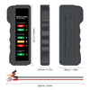 A black battery and alternator tester device showing various battery states on an LED display and a red test lead.
