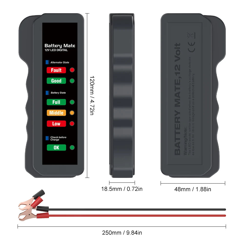 A black battery and alternator tester device showing various battery states on an LED display and a red test lead.