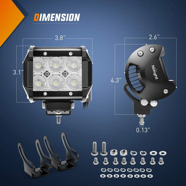 A high-intensity flood LED light bar with dimensions and mounting hardware shown in various views.