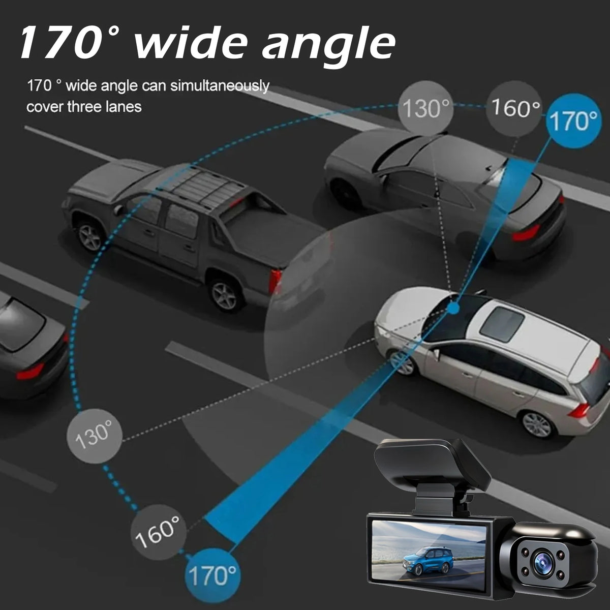 Triple lens dash cam showing 170 degree wide angle coverage of three lanes with night vision.