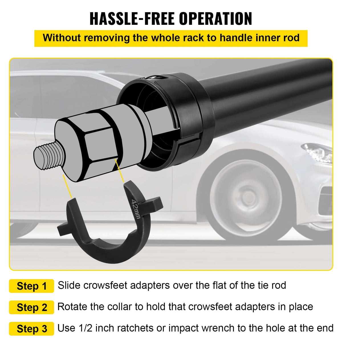 A tool set for hassle-free operation showing how to remove an inner tie rod without removing the entire rack.