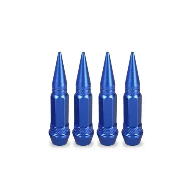 Set of four blue aluminum tire valve stem caps