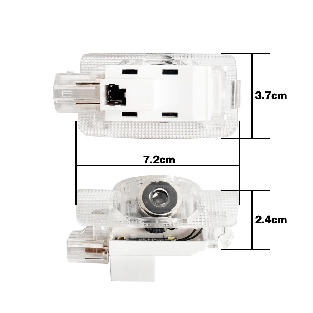 A white LED car door welcome and warning light assembly with dimensions 3.7cm by 7.2cm.