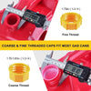 A set of coarse and fine threaded caps for gas cans, shown with examples of yellow and pink thread types.