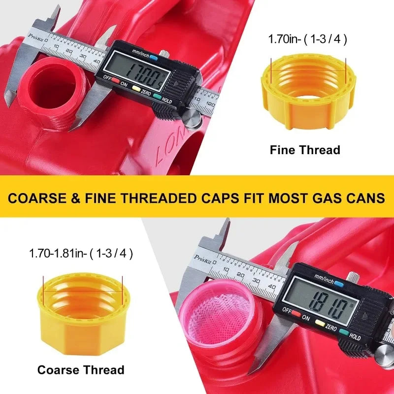 A set of coarse and fine threaded caps for gas cans, shown with examples of yellow and pink thread types.