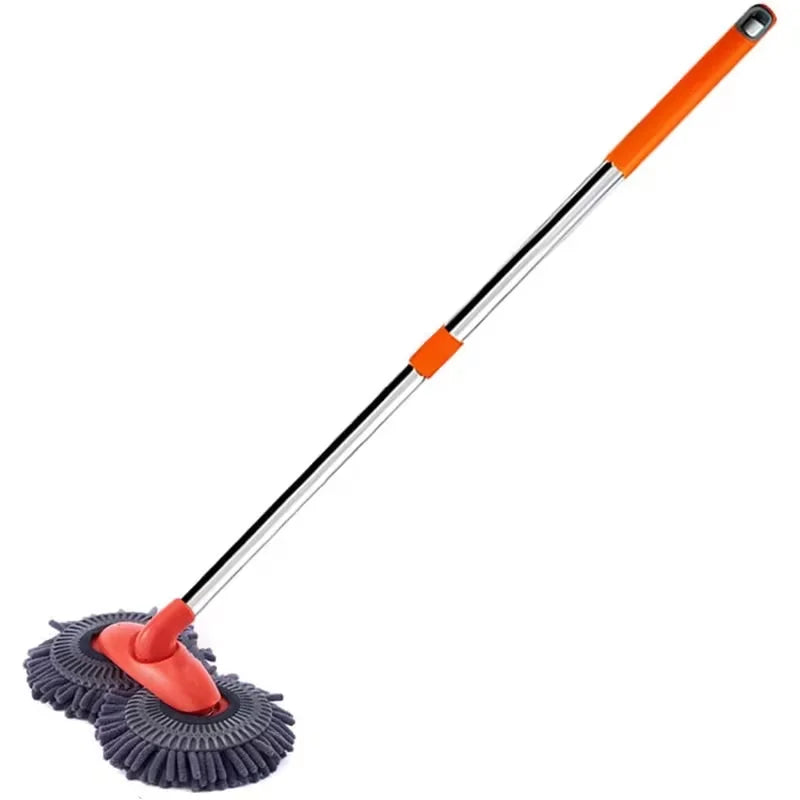 An orange and silver 360° rotating car cleaning brush set with a cleaning head.