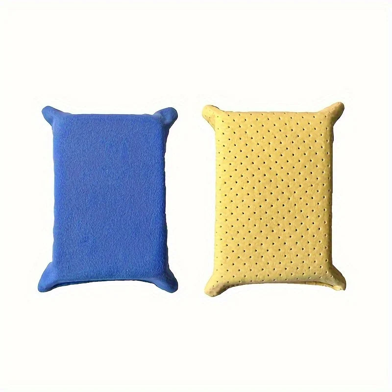 A pair of anti-fog glass and mirror cleaning sponges, one blue and one yellow.