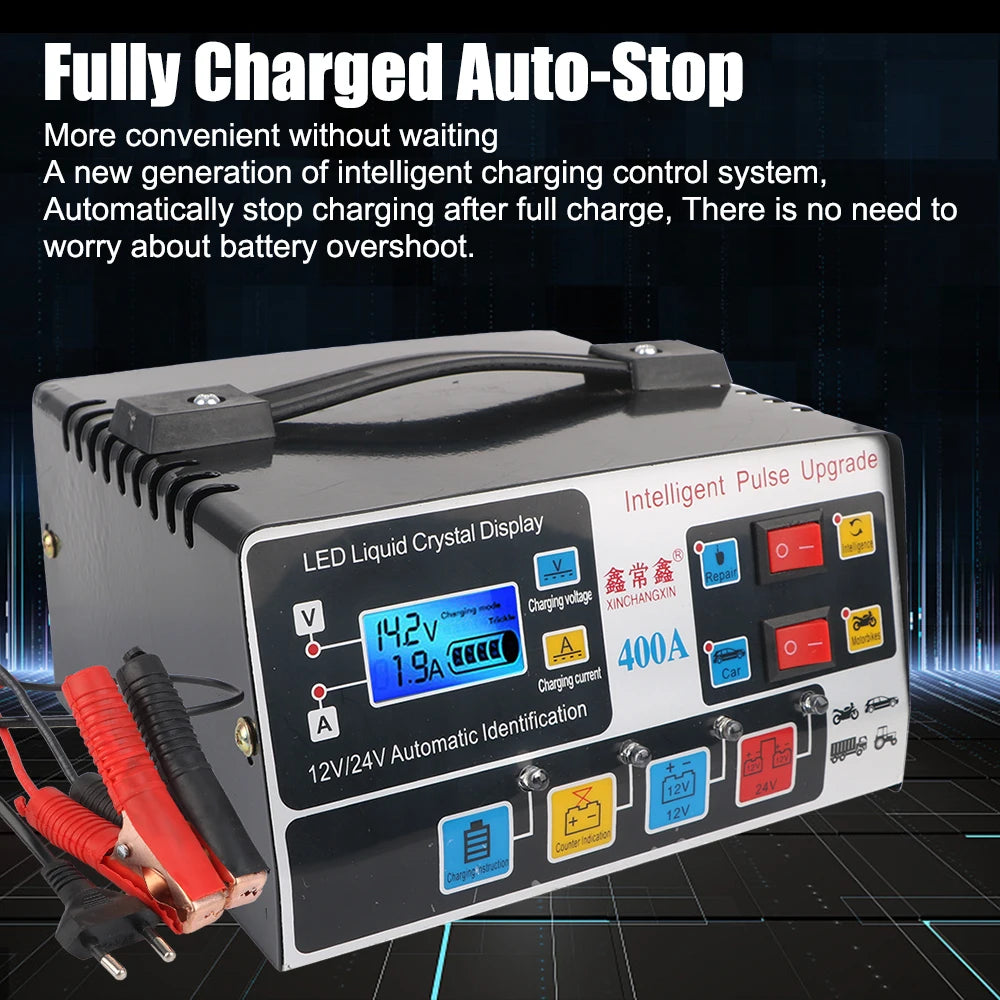 A fully charged auto-stop pulse battery charger with an LED liquid crystal display and various charging settings.