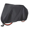Black all-weather bicycle cover shown folded over a bicycle wheel.
