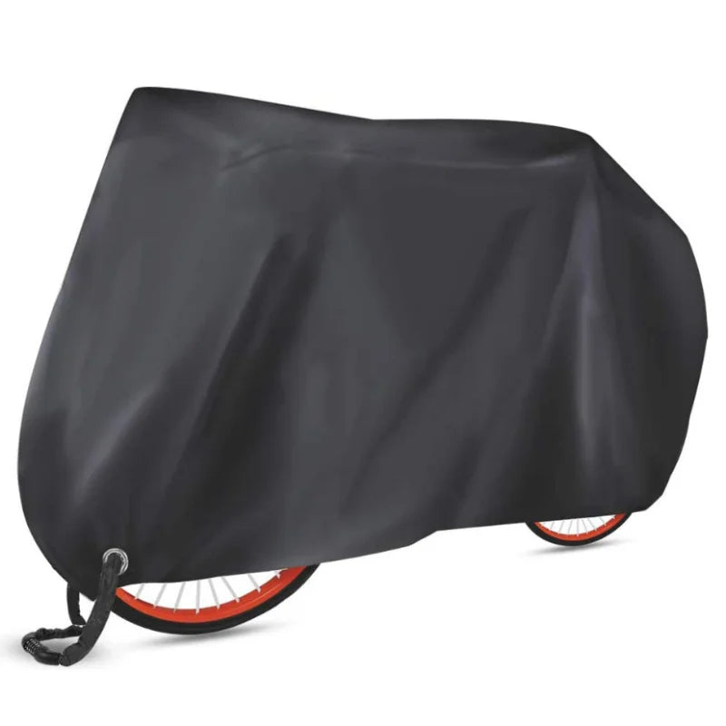 Black all-weather bicycle cover shown folded over a bicycle wheel.