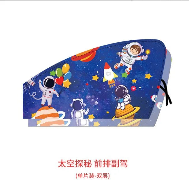 A blue magnetic double-layer car window shade featuring cartoon astronauts and space elements.