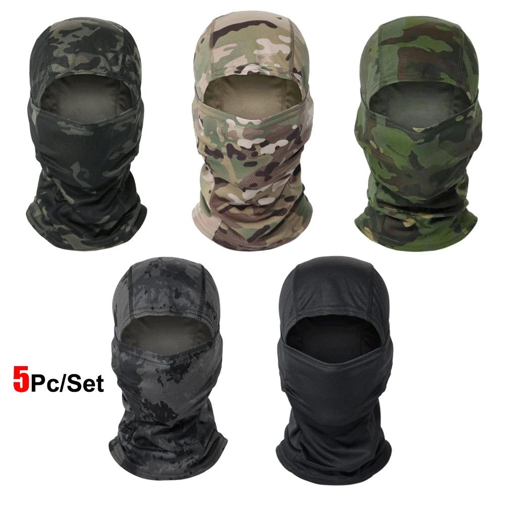 A set of five multi-functional stretchy balaclava caps in various camouflage and solid colors.