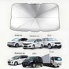 Pare-soleil de voiture argentable et pliable, montré avec divers véhicules comme voitures, VUS, camions et fourgonnettes.